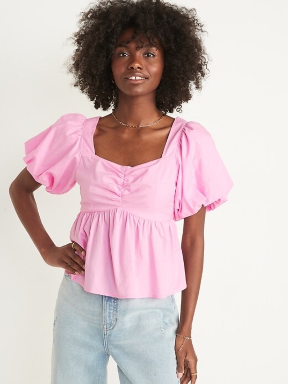 NWT Old Navy Pink Puff Sleeve Babydoll Top XL - Ruched Sweetheart Peplum